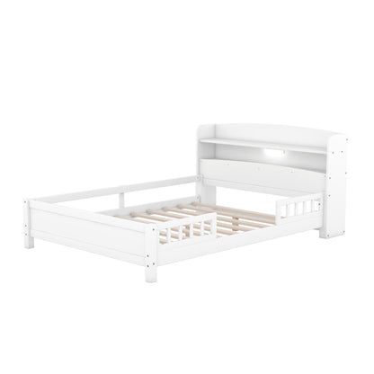 Wood Platform Bed With Built In LED Light, Storage Headboard And Guardrail