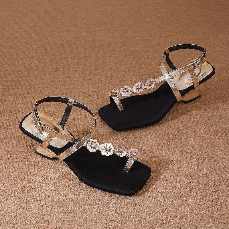 Women Elegant Square Toe High Heel Sandals, Simple Delicate Toe Loop Single Strap Floral Fashion Shoes For Summer Outdoor Wear