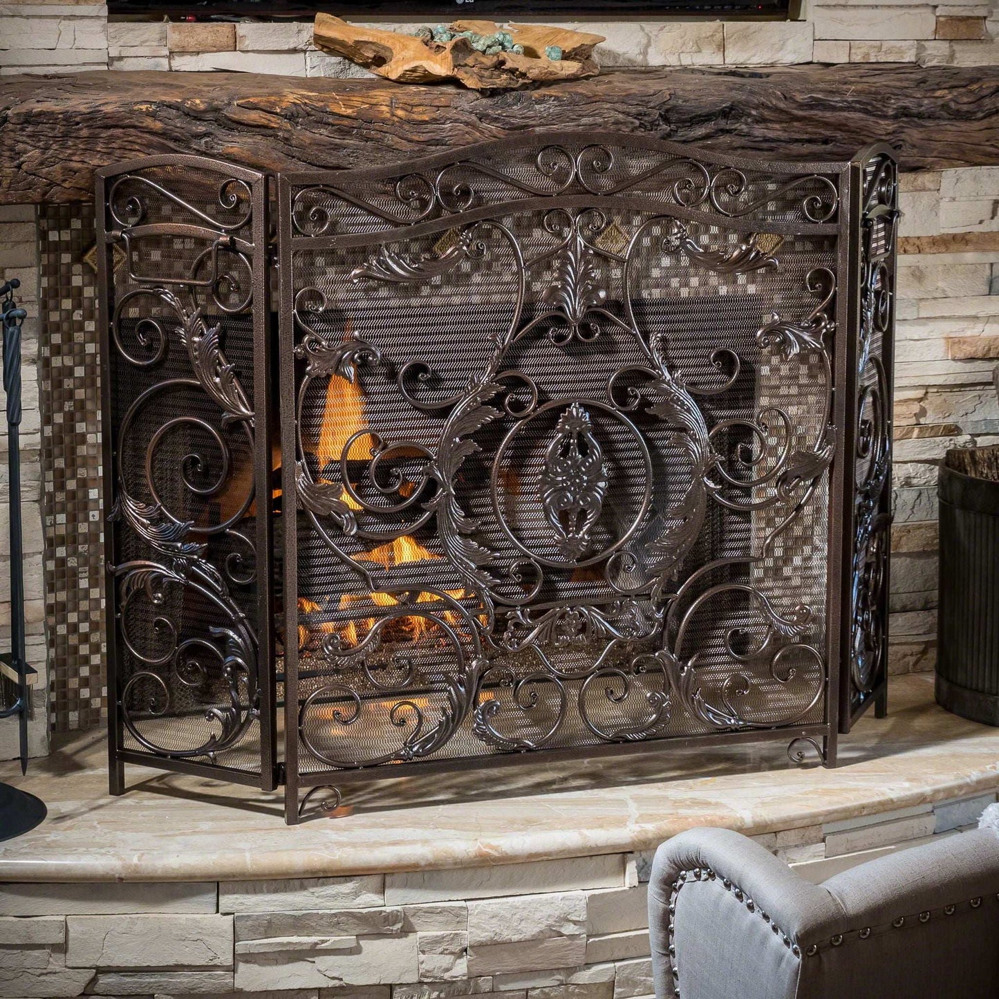 Mariella Traditional Floral Iron Fireplace Screen with Ornate Design