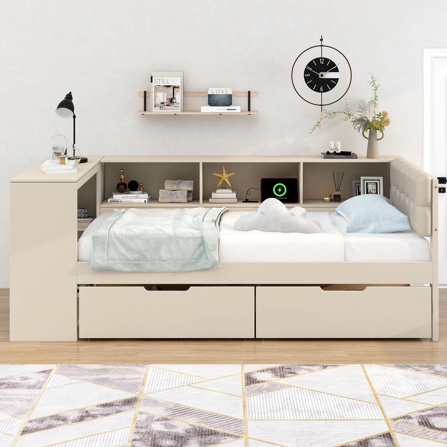Upholstered Headboard Platform Bed With Storage Shelves, Drawers, Charging Station