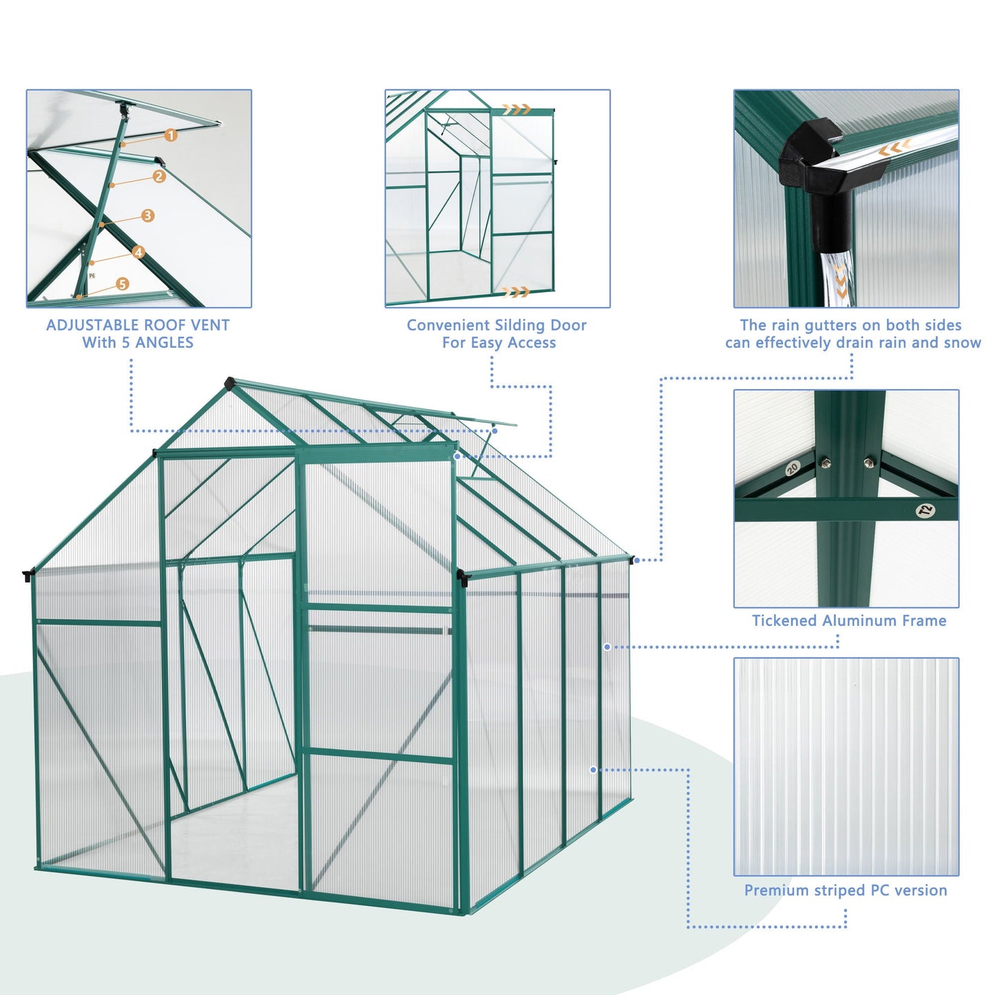 Polycarbonate house Raised Base And Anchor Aluminum Heavy Duty Walk-In houses For Outdoor Backyard In All Season