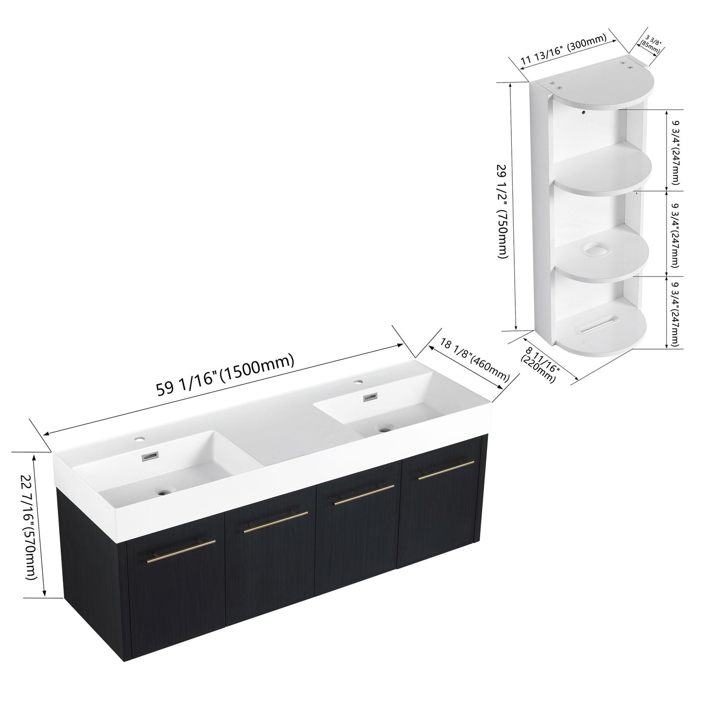 Modern Wall Mounted Bathroom Vanity With Resin Sink and Storage Rack