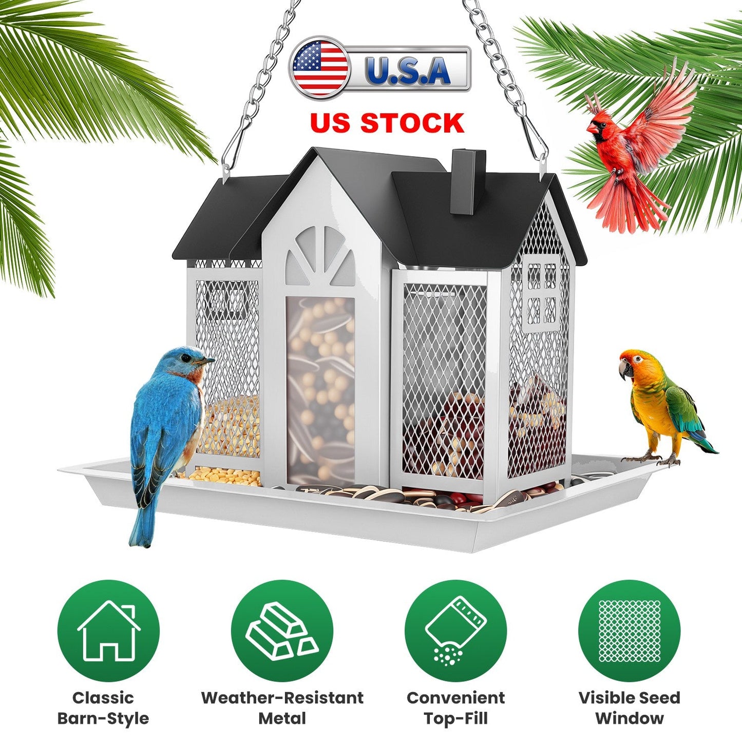 Barn Bird Feeder with Lift Top Lid and Viewing Window
