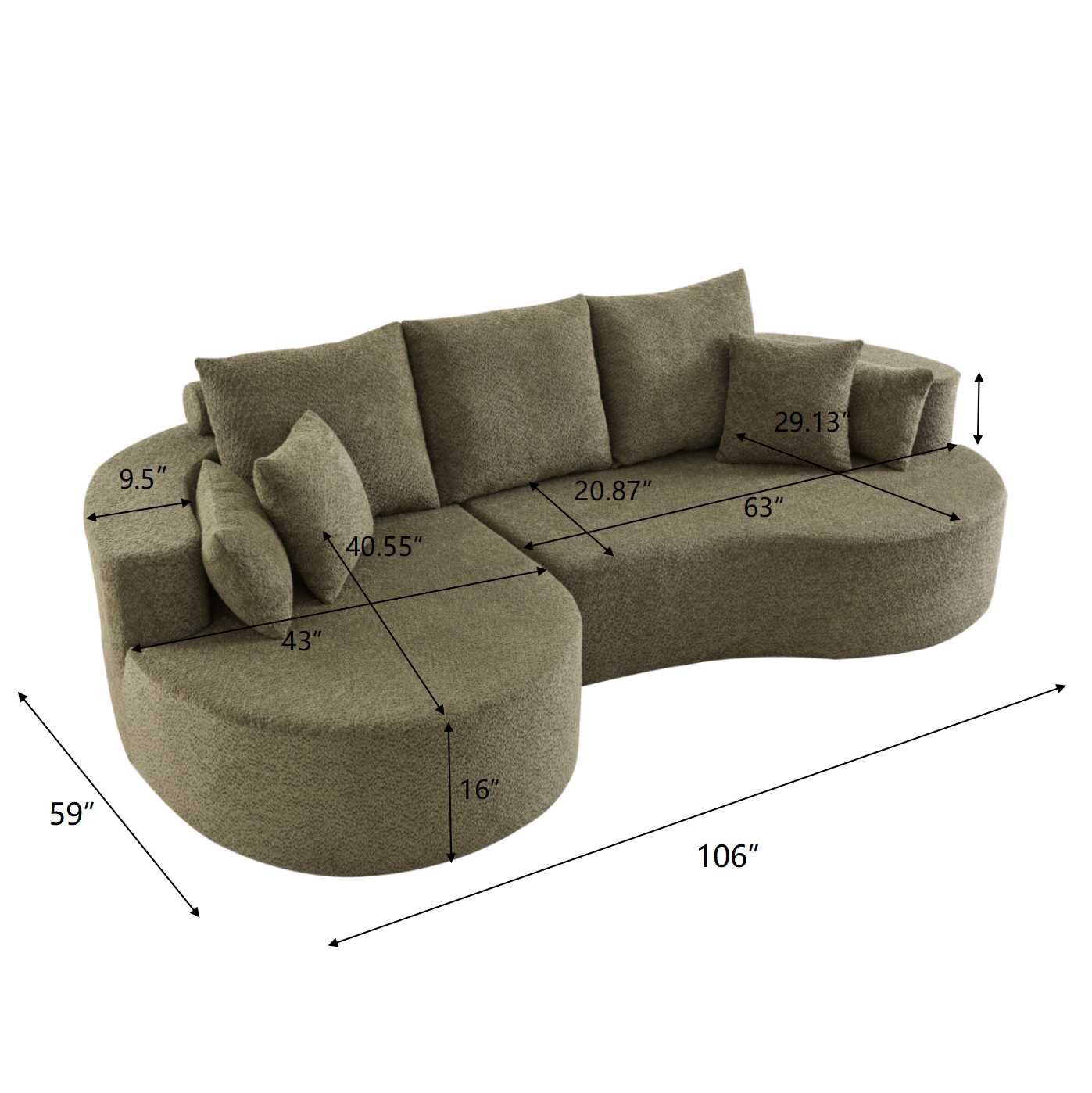 106 in. 2-Piece Fabric Cloud Curved Sectional Boucle Sofa with Chaise Lounge in Forest