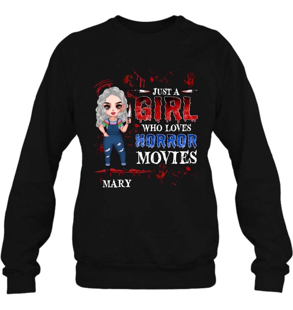 Personalized Halloween Shirt/Hoodie - Gift Idea For Halloween - Just A Girl Who Loves Horror Movies