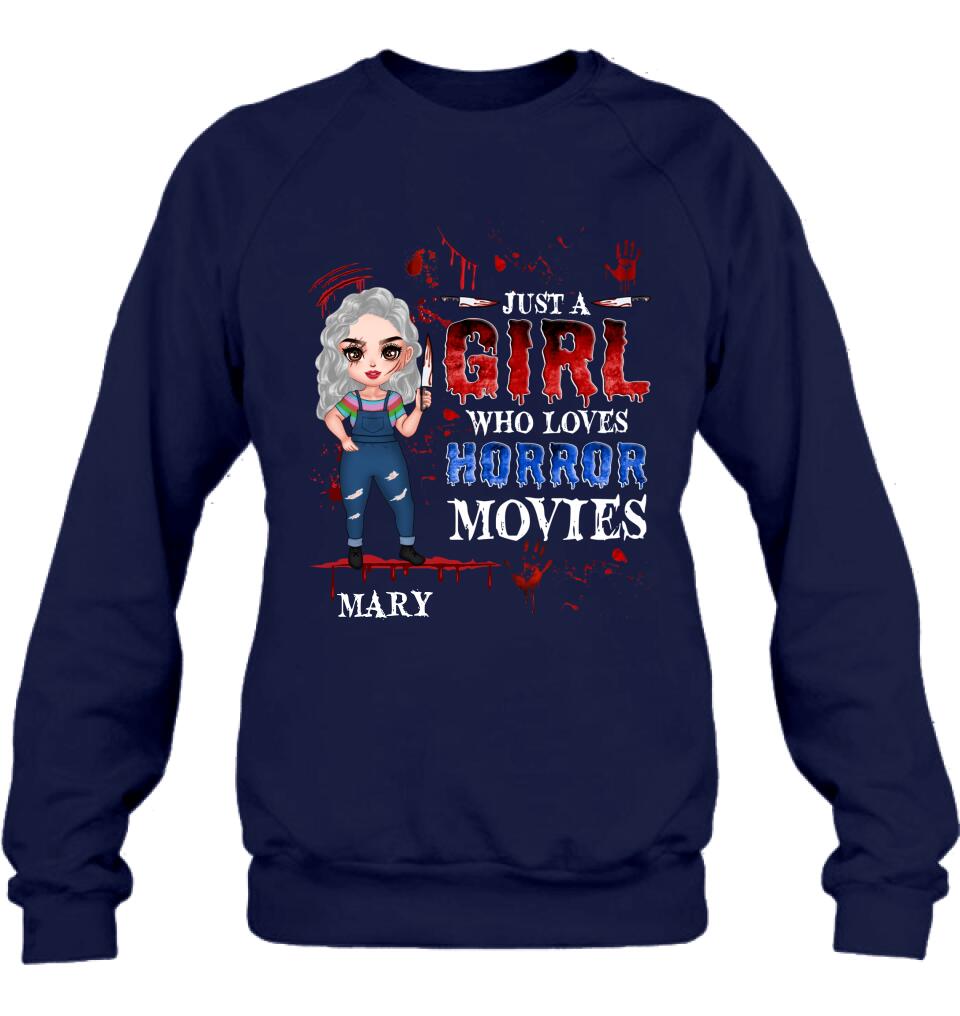 Personalized Halloween Shirt/Hoodie - Gift Idea For Halloween - Just A Girl Who Loves Horror Movies