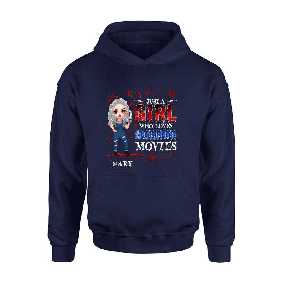 Personalized Halloween Shirt/Hoodie - Gift Idea For Halloween - Just A Girl Who Loves Horror Movies