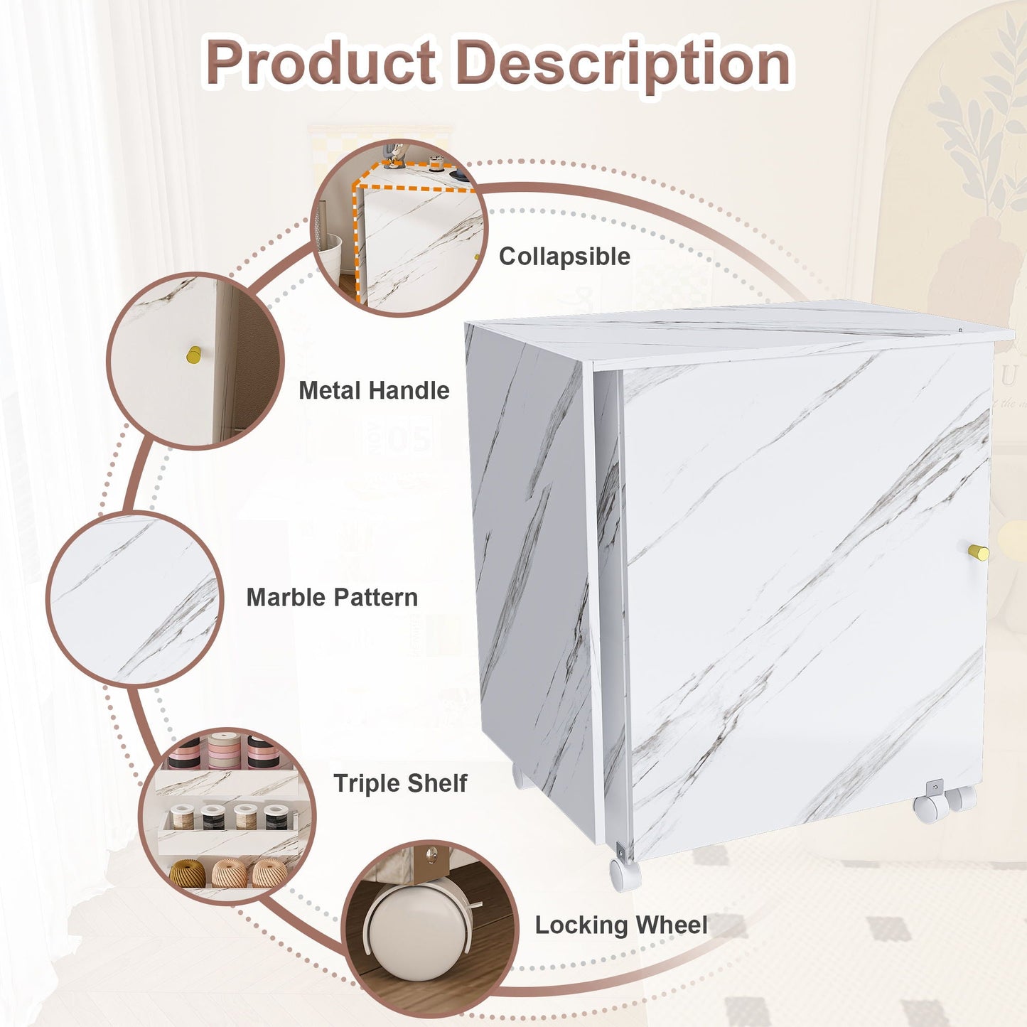 4 In 1 Folding Sewing Table With Lockable Wheels, Multi Functional Craft Station - White