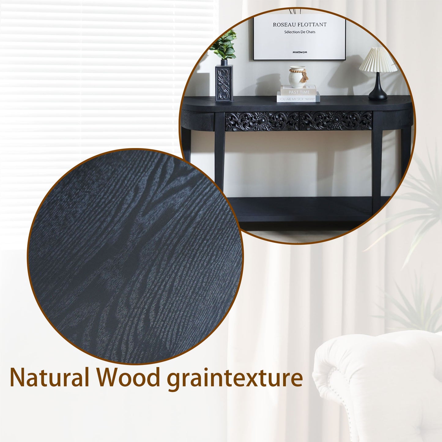 Carved Console Table With Storage Shelf For Living Room - Black