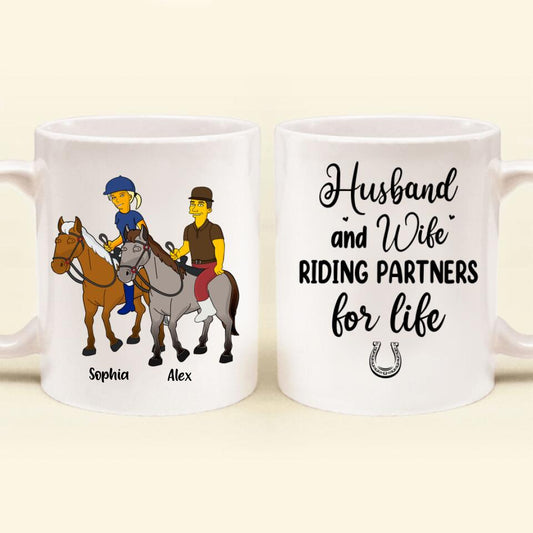 Personalized Horseback Riding Cartoon Portrait From Photo Coffee Mug - Gift Idea For Couple/ Riding Lover - Husband And Wife Riding Partners For Life