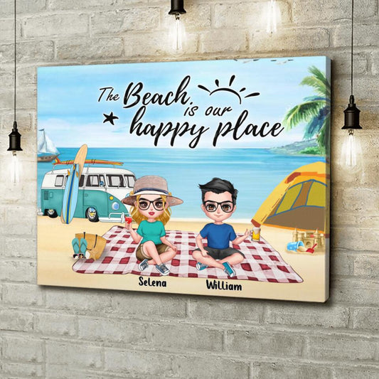 Personalized Summer Beach Picnic Camping Canvas - Up to 5 People - Gift Idea For Camping Couple/Friends - The Beach Is Our Happy Place