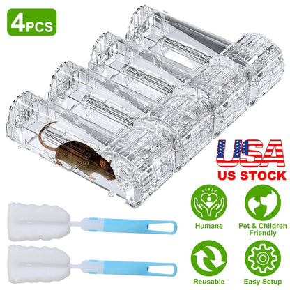 4Pcs Humane Live Mouse Trap Reusable Rat Rodent Trap Catch Release Cage Safe for Family Children Pets Easy Setup