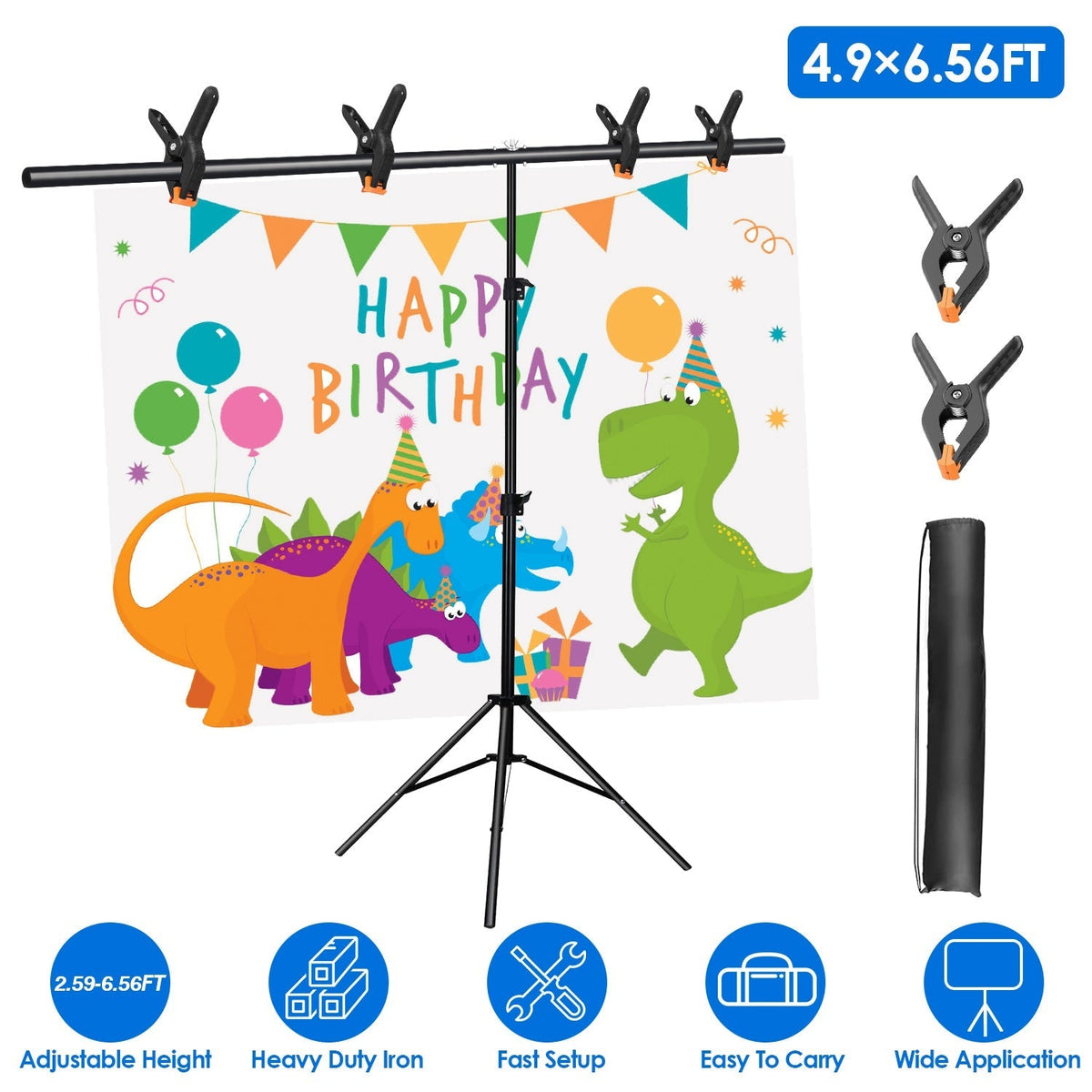 5 6.5FT T-Shape Photo Video Backdrop Stand Heavy Duty Background Stand Adjustable Photography Backdrop Stand with 6 Spring Clamps Sandbag Carry Bag fo