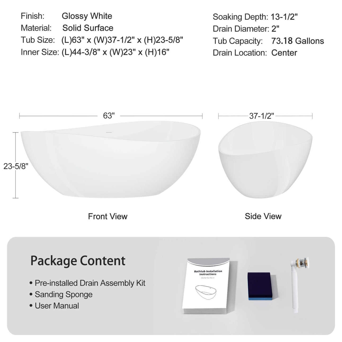 Nuvia 63-Inch Freestanding Glossy White Stone Resin Bathtub With Overflow And Drain (SAK42613)