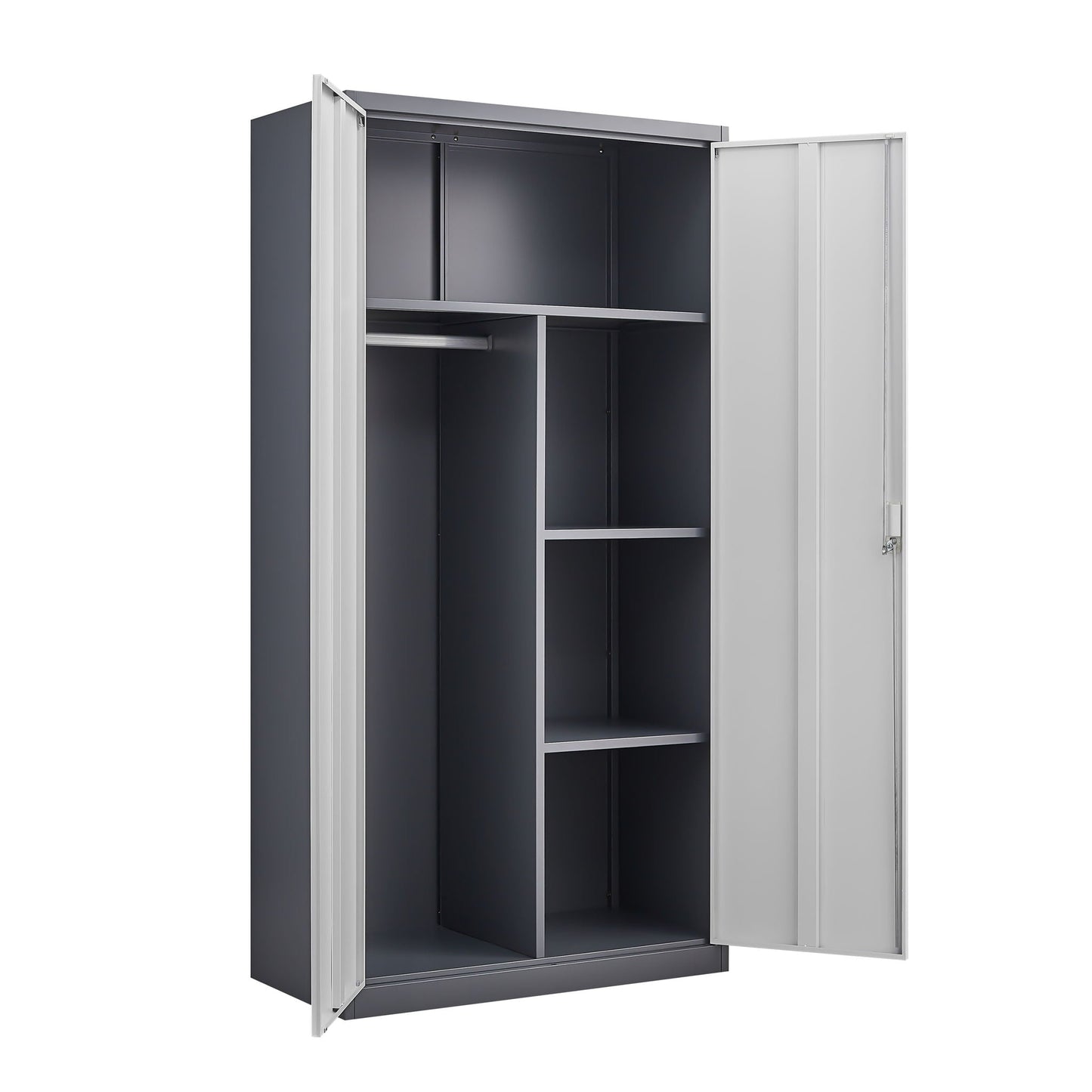 Wardrobe With Hanging Rod And Compartments, Lockable Closet With Locks & Keys For Bedroom - Gray