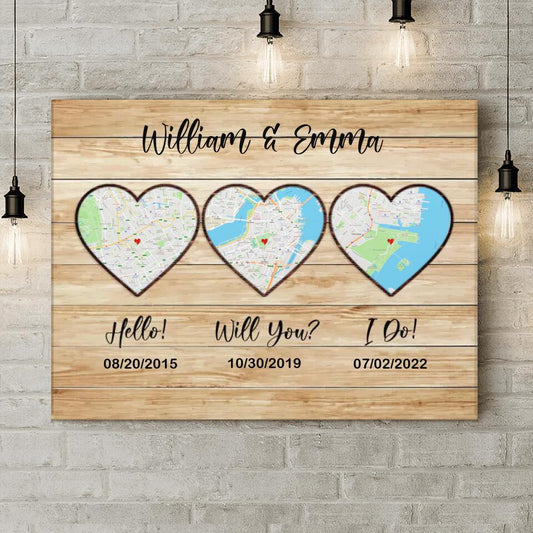 Custom Personalized Map Anniversary Canvas - Anniversary Gift Idea For Couple - Hello, Will You, I Do