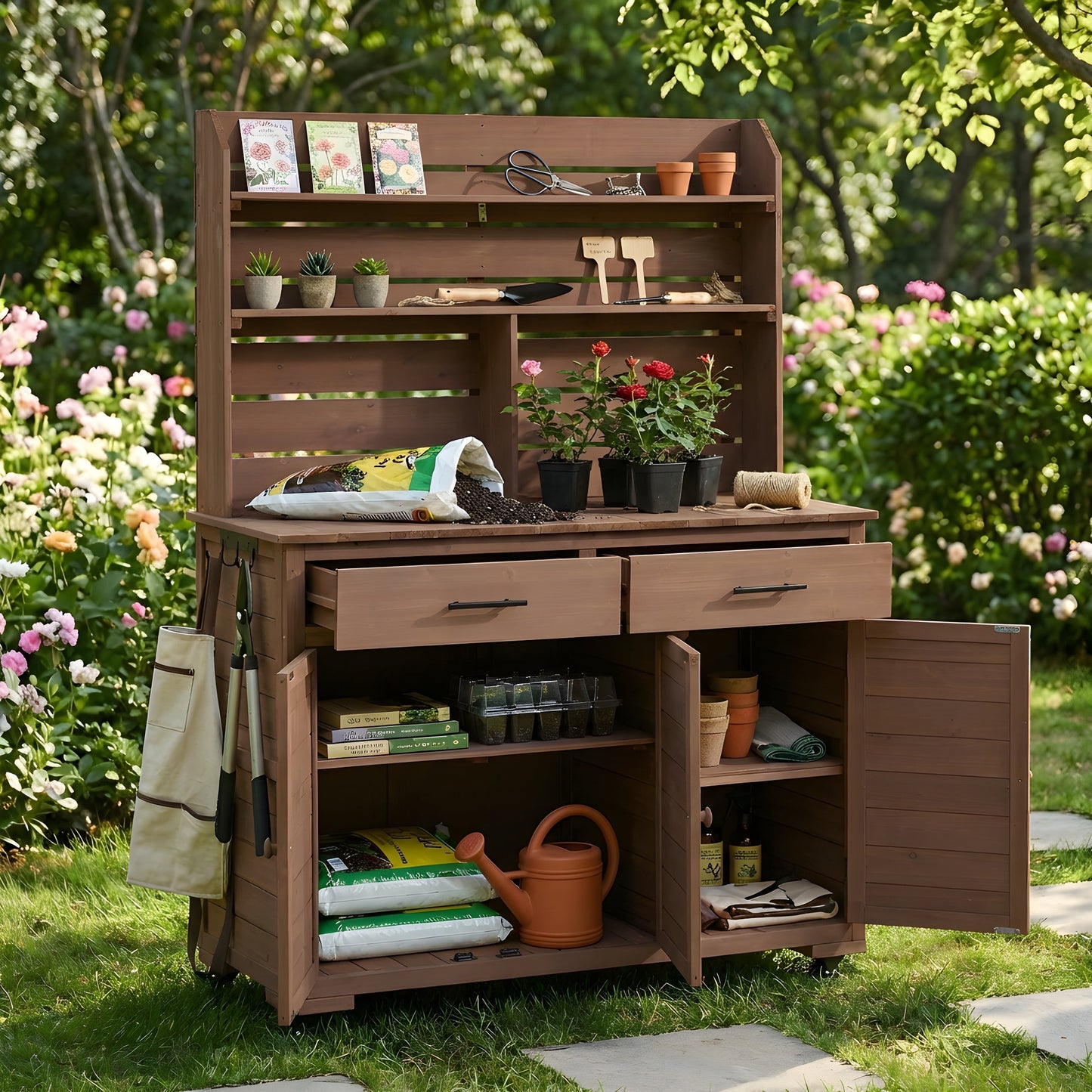 TOPMAX 65"H Large Garden Potting Bench with Storage and Lockable Wheels