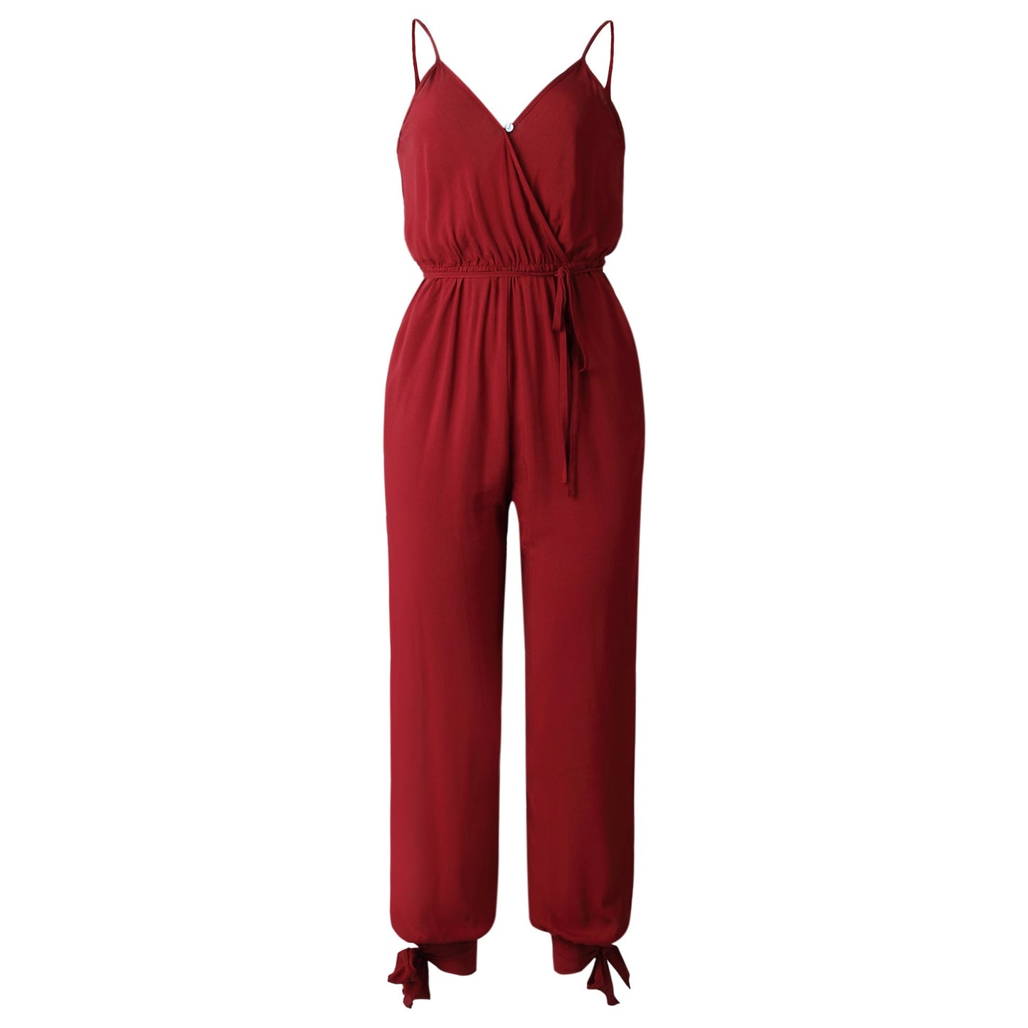 back tether deep V-neck suspender jumpsuit