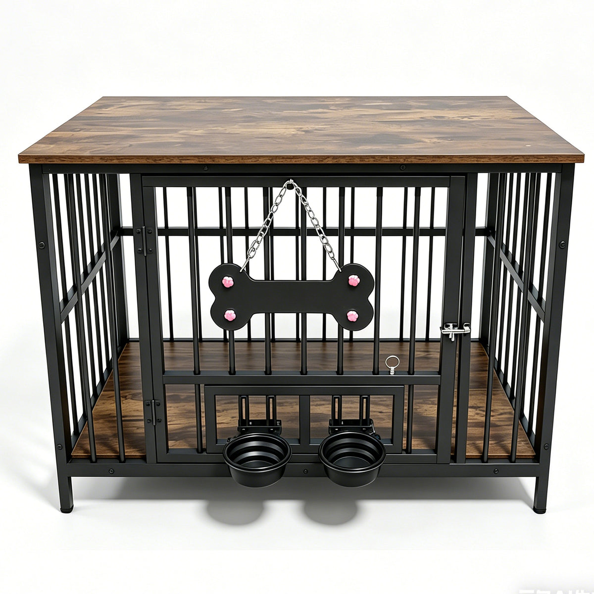 Vintage Wood Grain Dog Cage with Rotating Bowl