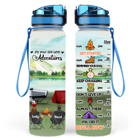 Personalized Camping Water Tracker Bottle - Adult/Couple/Parents With Up to 2 Kids And 3 Pets - Gift Idea For Camping Lover - Fill Your Life With Adventures