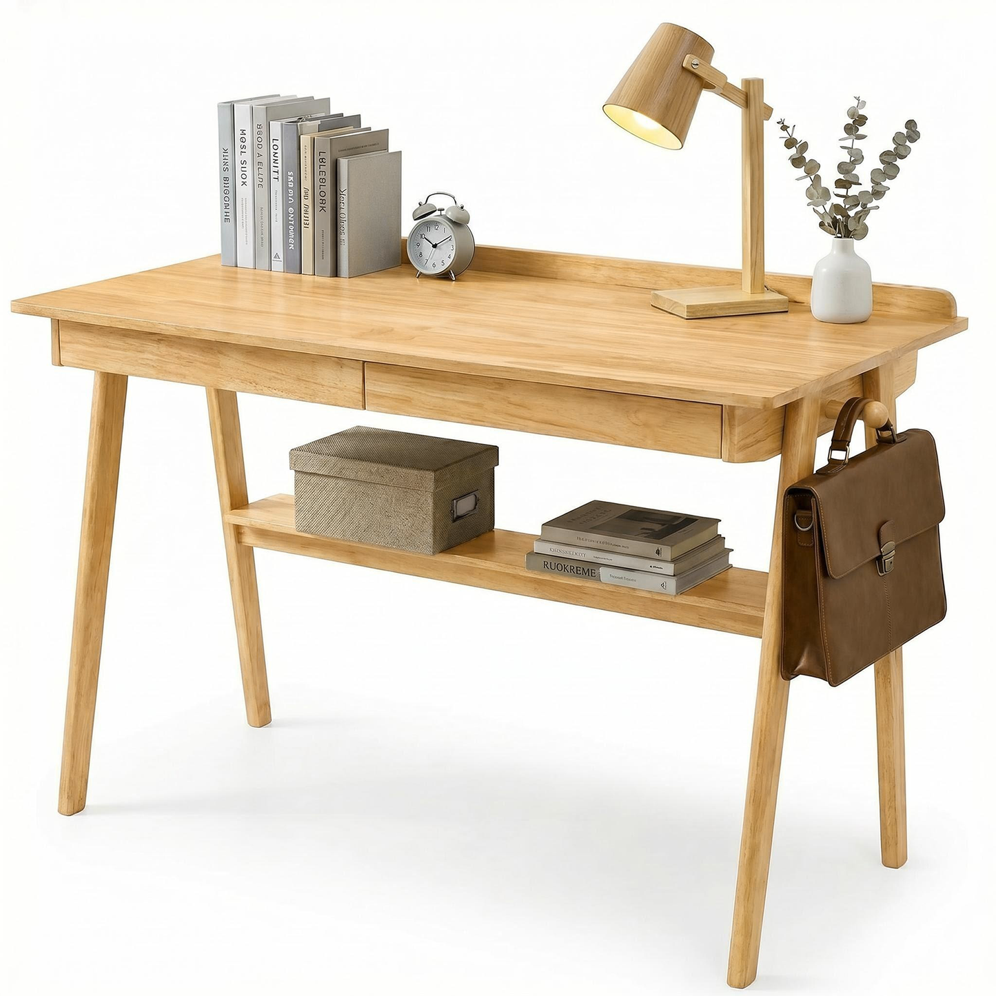 Solid Wood Writing Desk with 2 Drawers & Storage Shelf