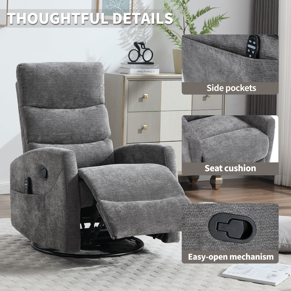 Heat Massage Manual Recliner Chair with Rocker and Swivel in Fabric