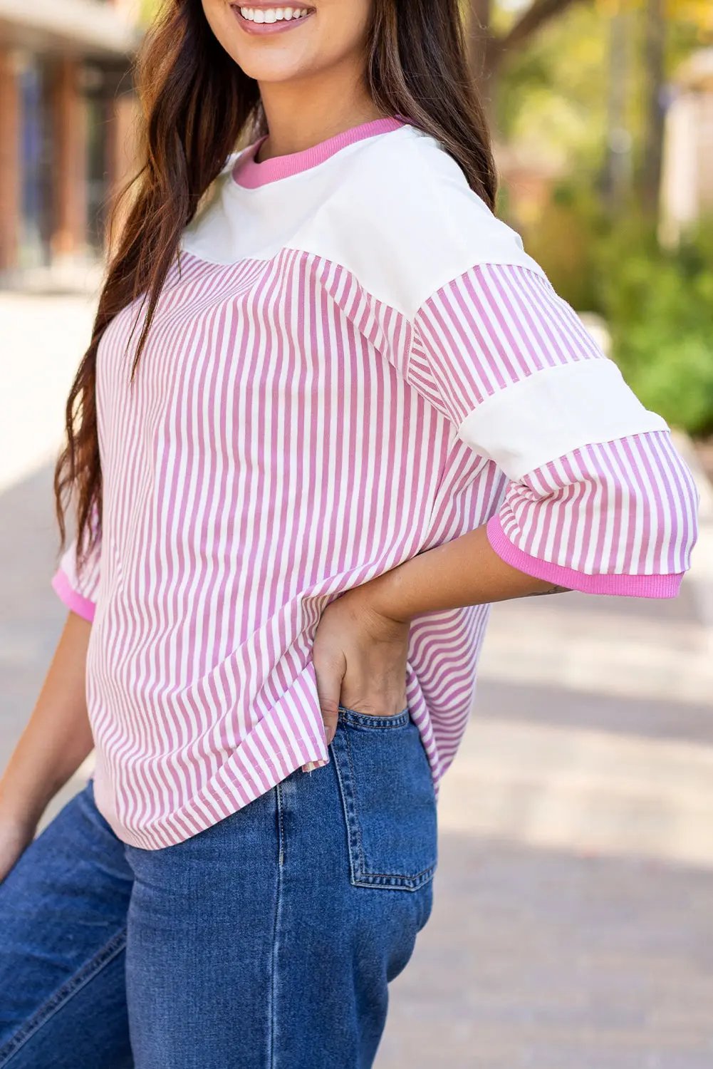 Women's Tee Shirt Women's Tee - Striped Patchwork - Casual Spring
