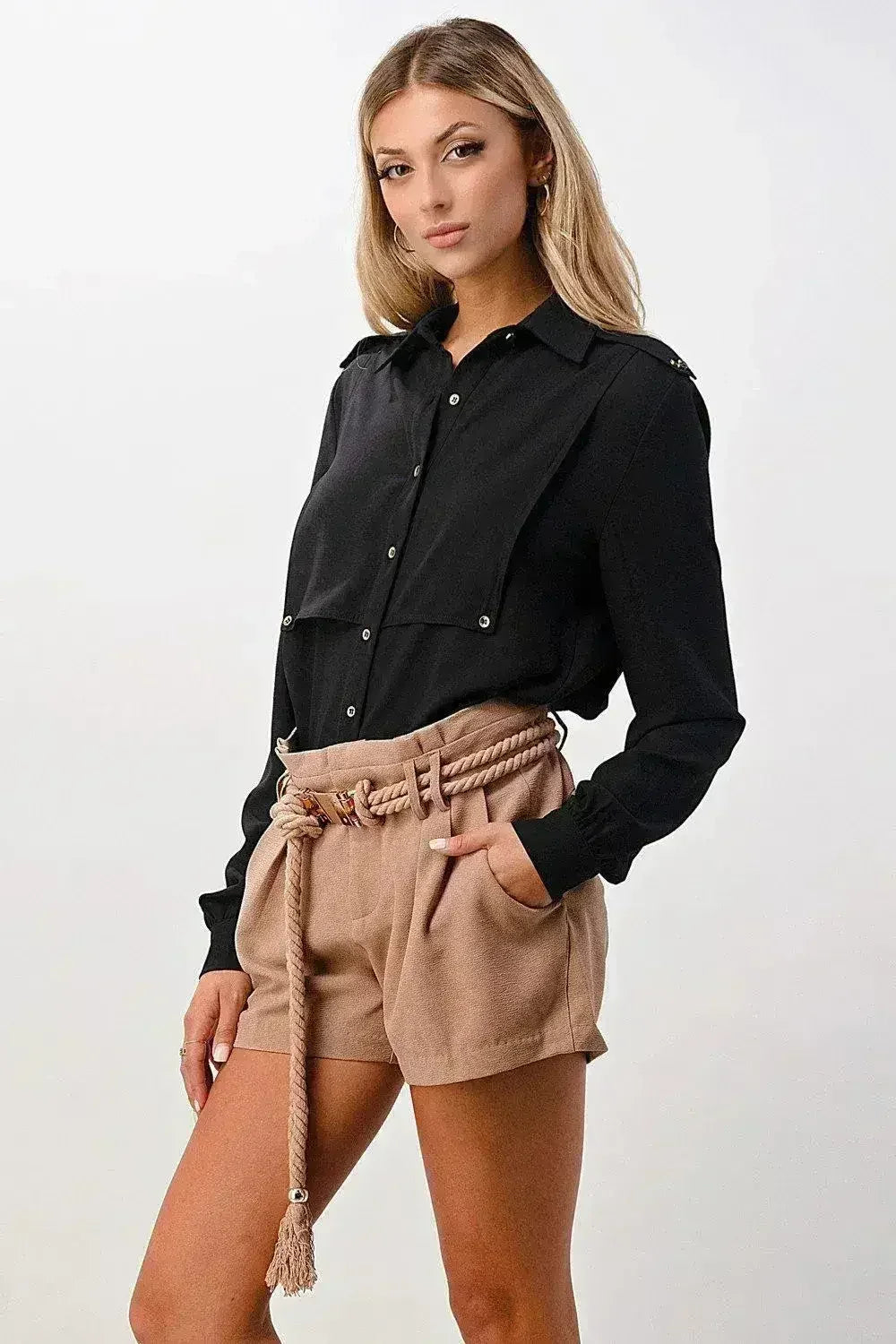 Oversized Military Blouse – Gold Button Long Sleeve Top | Femstylo