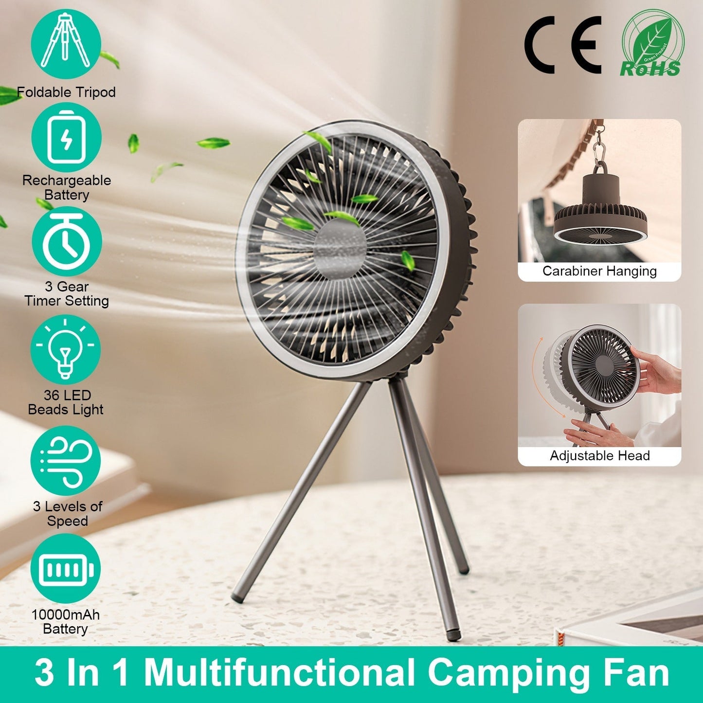 Camping Fan with Lantern 10000mAh Rechargeable Battery Powered Portable Tripod Fan for Tent with Hanging Hook Carabiner Emergency Power Bank Desk Fan