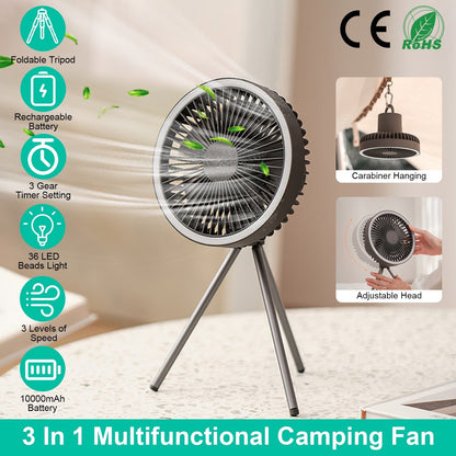 Camping Fan with Lantern 10000mAh Rechargeable Battery Powered Portable Tripod Fan for Tent with Hanging Hook Carabiner Emergency Power Bank Desk Fan