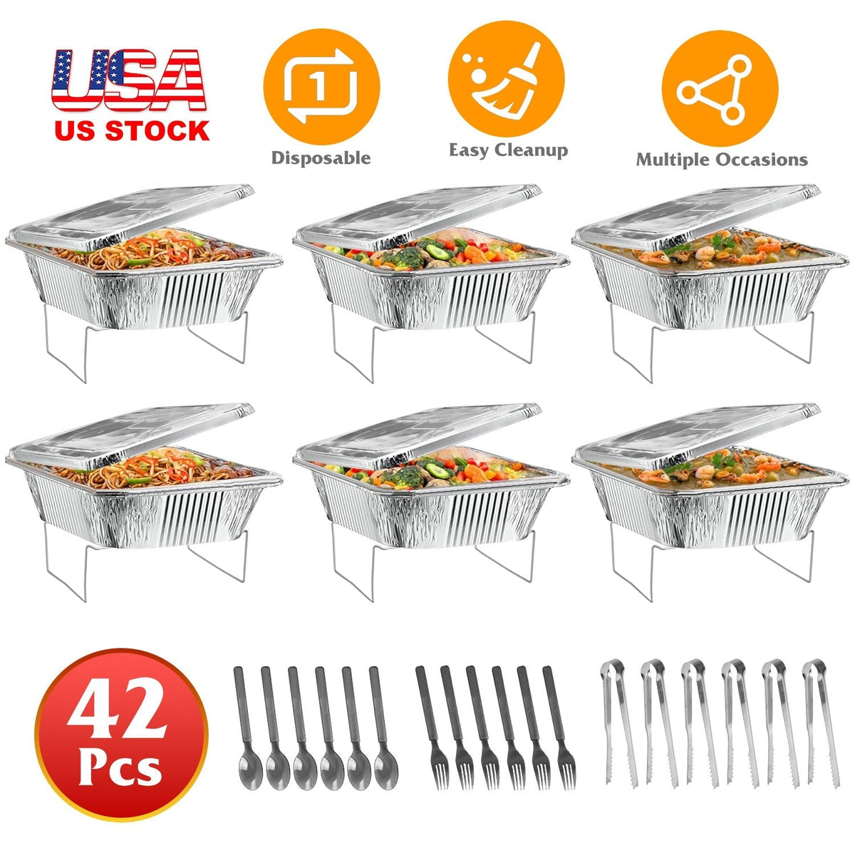 42Pcs Disposable Chafing Dish Buffet Set Chafing Servers with Covers Spoons Forks Tongs Full-Size Pans Food Warmers for Parties Events Catering Suppli