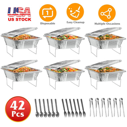 42Pcs Disposable Chafing Dish Buffet Set Chafing Servers with Covers Spoons Forks Tongs Full-Size Pans Food Warmers for Parties Events Catering Suppli
