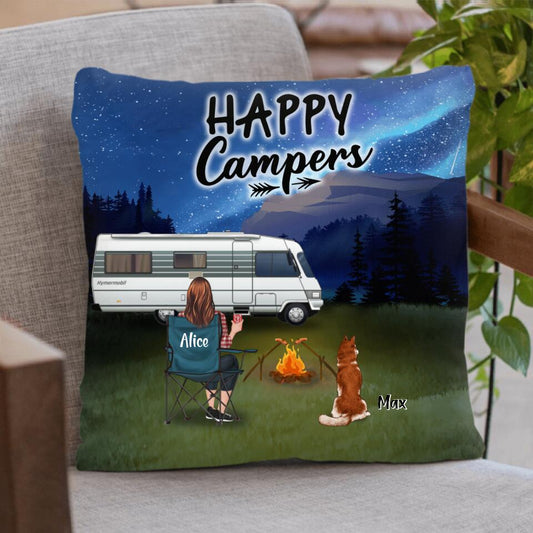 Personalized Camping Pillow Cover - Single/Couple With Up to 6 Pets - Gift Idea For Camping Lover/Valentine's Day - Happy Campers