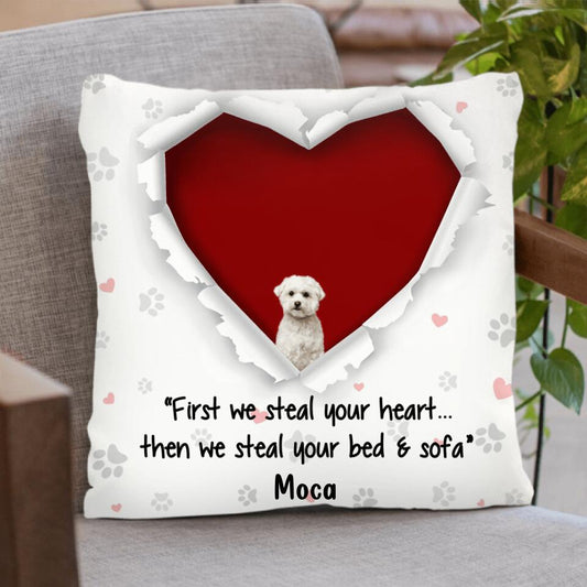 Personalized Dog Pillow Cover Cushion Cover - Gift for Dog Lovers - Up to 3 Dogs - First we steal your heart