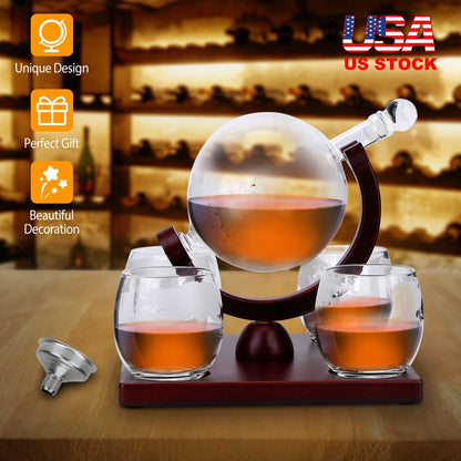 Whiskey Decanter Globe Set w/ 4Pcs 8.45OZ Etched World Whiskey Glasses Wooden Tray Perfect Gift Set for Liquor Scotch Bourbon Vodka