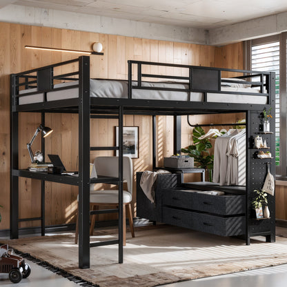 Queen Size Loft Bed with Desk & Shelves