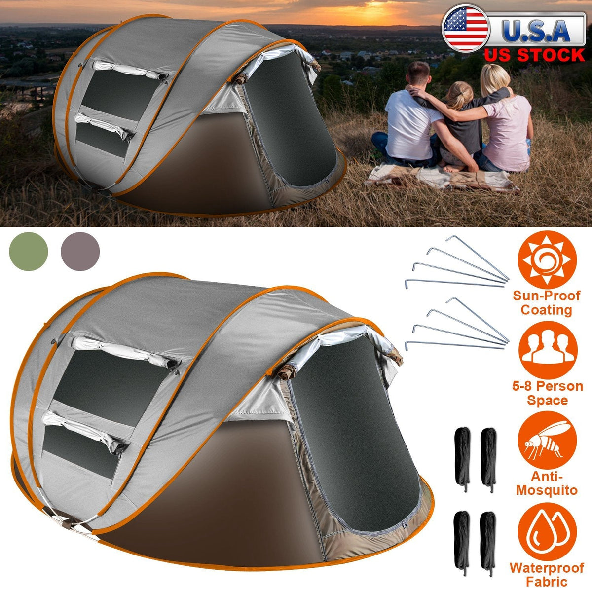 5-8 Person Pop Up Tent Automatic Setup Camping Tent Waterproof InstantÊSetup Tent with 4 Mosquito Net Windows Carrying Bag for Hiking Climbing Adventu