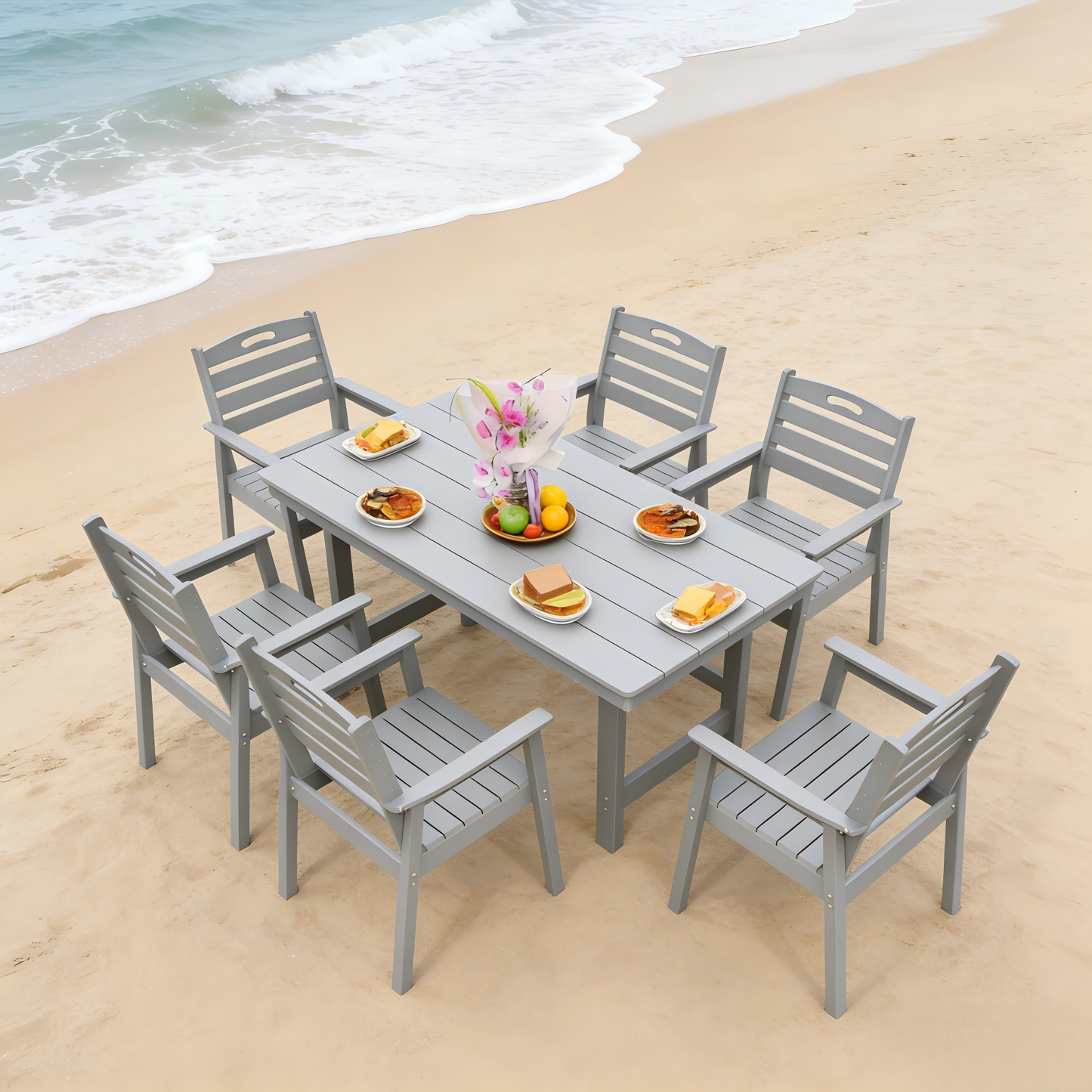 HDPE Outdoor Patio Dining Set - Table and Six Chairs