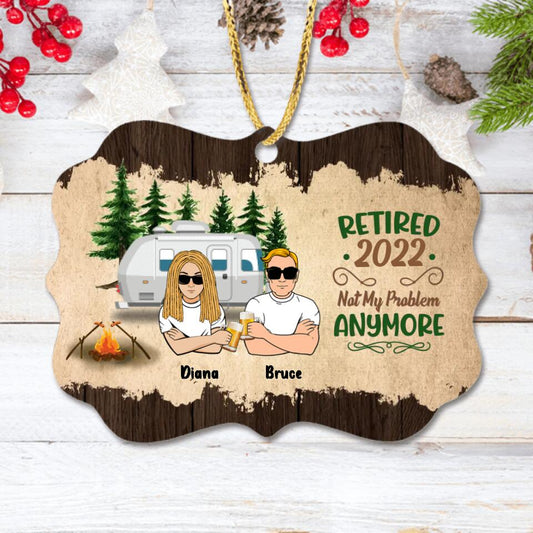 Personalized Couple Rectangle Wooden Ornament - Gift Idea For Couple/Camping Lovers - Retired 2022, Not My Problem Anymore