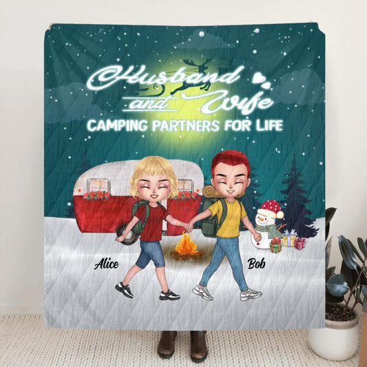 Personalized Xmas Camping Couple Quilt/Fleece Throw Blanket/Pillow Cover - Christmas Gift Idea For Couple - Husband And Wife Camping Partners For Life