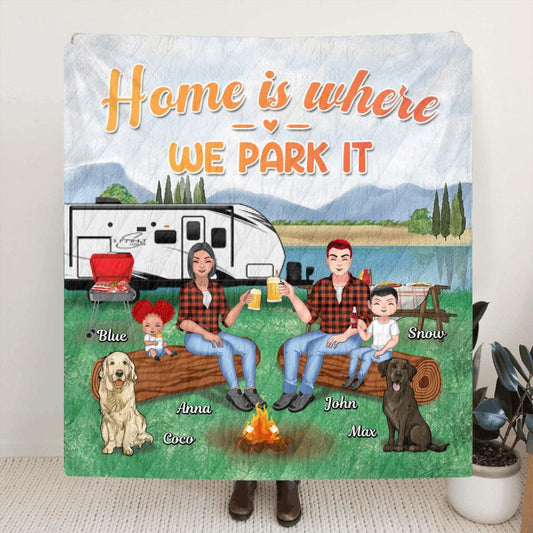 Personalized Camping Fleece/Quilt Blanket - Gift Idea For Family/Camping Lover - Couple/Parents With Up to 2 Kids And 4 Dogs - Home Is Where We Park It