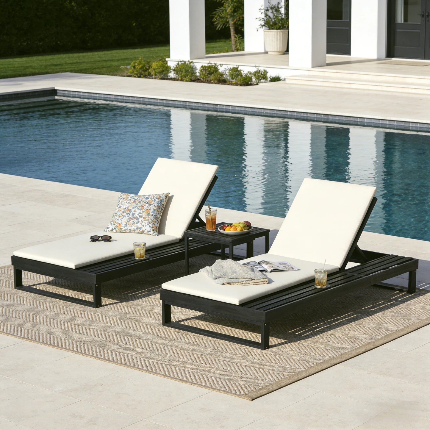 Black Acacia Wood Chaise Lounge with 1.57-Inch Cushions
