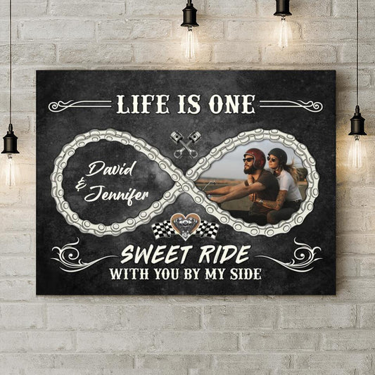 Personalized Motorcycle Chain Infinity Symbol Canvas - Gift Idea For Couple - Life Is One Sweet Ride With You By My Side