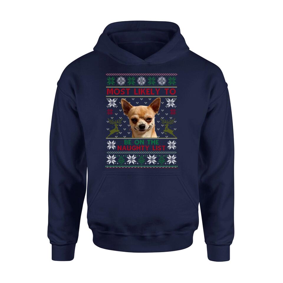 Personalized Dog Photo T-Shirt - Christmas Gift Idea For Pet Lovers - Most Likely To Be On The Naughty List