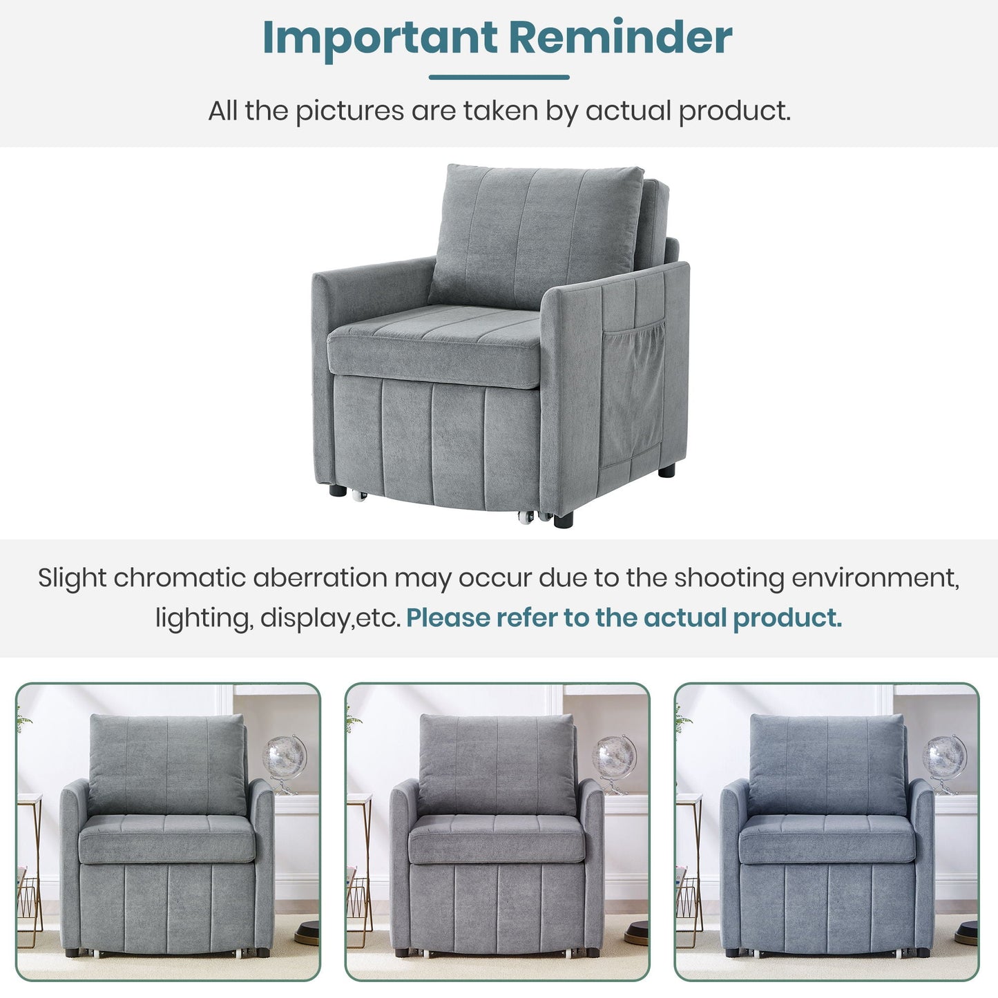 Upholstered Convertible Sleeper Sofa With 5 Position Backrest, Side Pockets, Storage