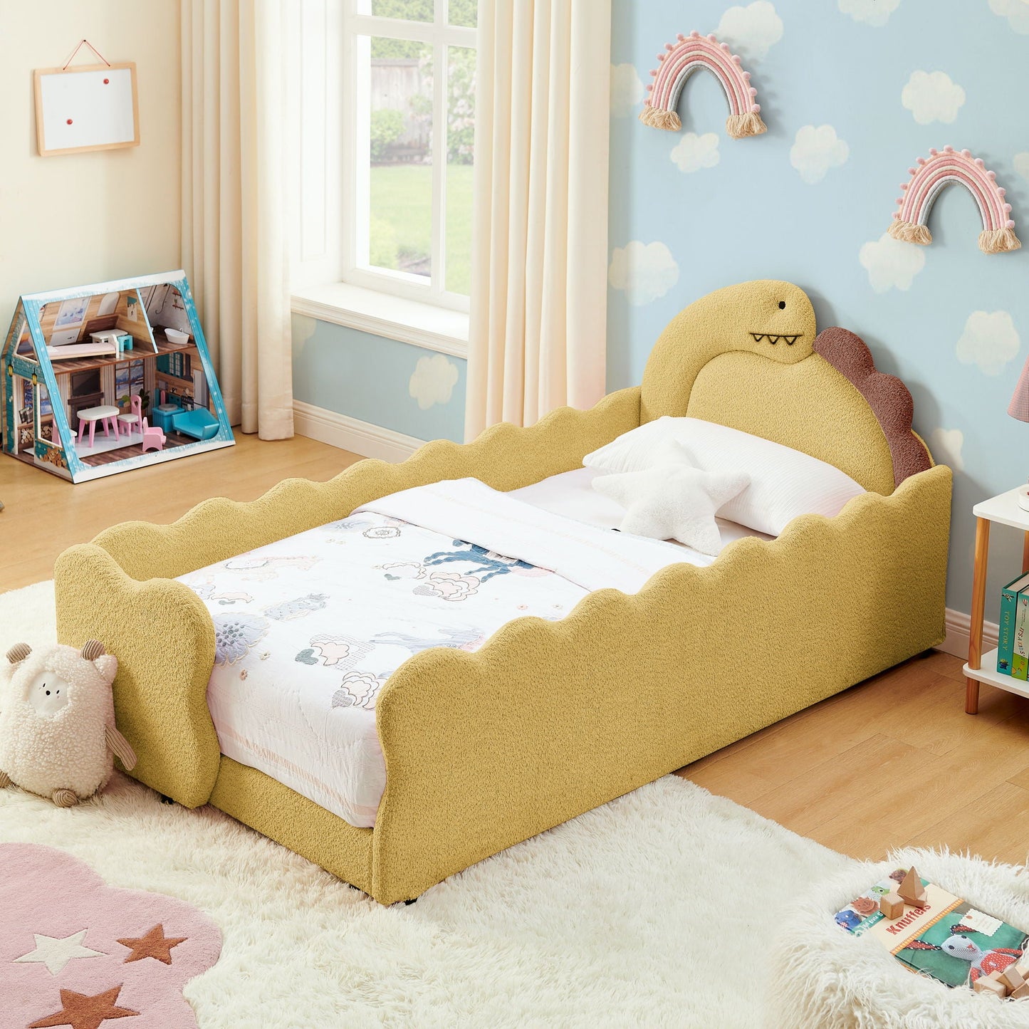 Cute Dinosaur Shaped Bed With Safety Guardrail, Toddler Frame