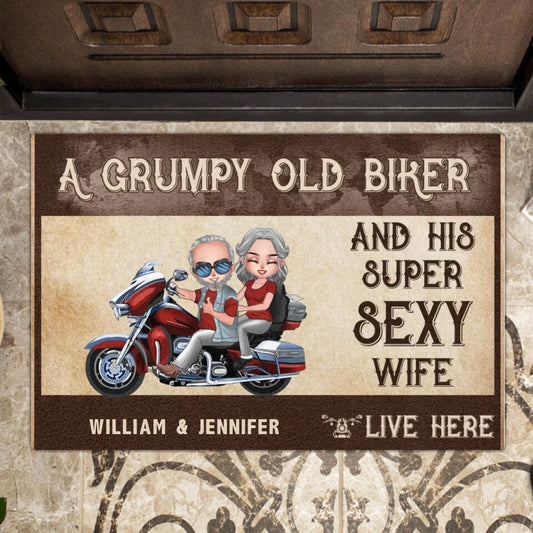 Custom Personalized Couple Riding Doormat - Gift Idea For Couple/ Biker - A Grumpy Old Biker And His Super Sexy Wife