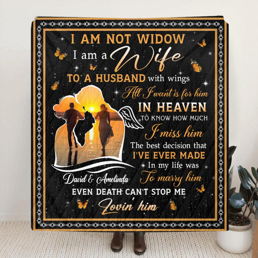 Personalized Memorial Couple Quilt/Fleece Throw Blanket/Pillow Cover -  Memorial Gift Idea For Couple - I Am A Wife To A Husband With Wings