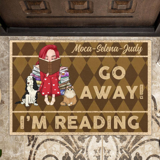Personalized Reading Girl Doormat - Girl With Up to 2 Pets - Gift Idea For Dog/Cat/Book Lover - Go Away I'm Reading