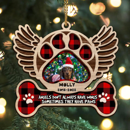 Custom Personalized Memorial Dog Photo Layered Wooden Ornament - Memorial Gift Idea For Dog Owners - Angels Don't Always Have Wings Sometimes They Have Paws